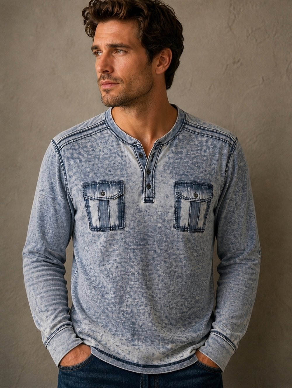 WISH BONE Lightweight Distressed Blue Long Sleeve Henley Shirt